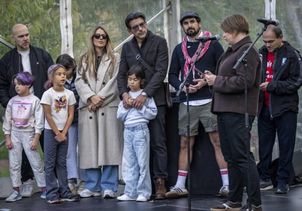 MALMÖ, October 11, 2026 The initiators—Nicolas Lunabba, Manal Masri, Daniel Diaz, and Showan Shattak—were on stage as Katrin Stjernfeldt Jammeh, chair of the Malmö City Council, delivered a speech as the Master Narratives monument was unveiled  Copyright: xJohanxNilssonx xTTx INVIGNING MASTER NARRATIVES - MALMÖS ANTIRASISTISKA MONUMENT TX9y-0fu984