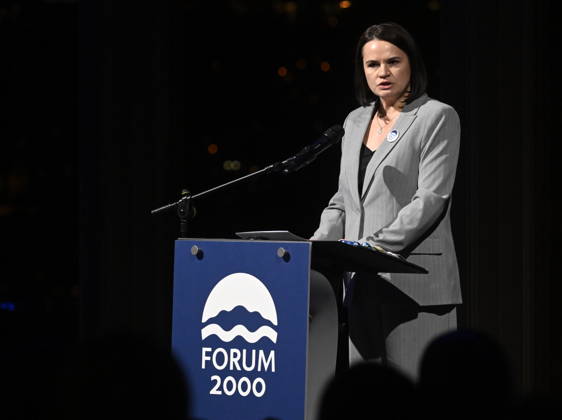 Belarusian opposition leader Sviatlana Tsikhanouskaya speaks at the opening of the 30th annual Forum 2000 conference in Prague, on October 11, 2026. (CTKxPhoto MichalxKrumphanzl) CTKPhotoP2026101106862  CTKPhotoP2026101106862