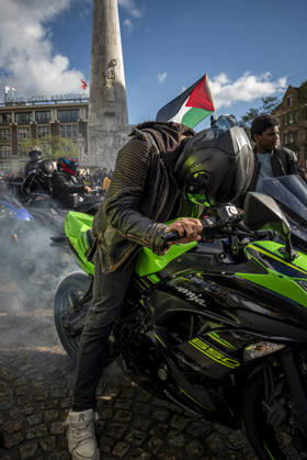 October 11, 2026, Amsterdam, North Holland, The Netherlands - Holland: 11 October 2026, Amsterdam, the Netherlands: The group Bikers for Palestine arrives to Dam Square. Protesters gathered at Dam Square for speeches and anti-war music before marching through AmsterdamÃ¢â‚¬â ¢s city centre in a demonstration dubbed Ã¢â‚¬oeThree Years of GenocideÃ¢â‚¬Â. The event marked three years since the start of the IsraelÃ¢â‚¬Hamas war. Demonstrators carried Palestinian flags and banners, demanding the Dutch government act against what they describe as a genocide in Gaza. Amsterdam The Netherlands - Holland - ZUMAp202 20261011_zip_p202_009 Copyright: xJamesxPetermeierx