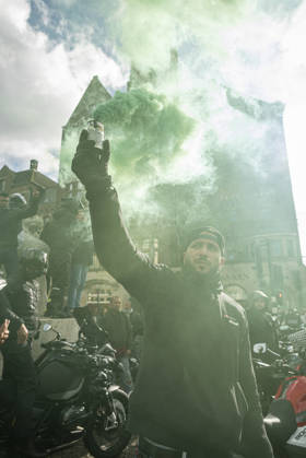 October 11, 2026, Amsterdam, North Holland, The Netherlands - Holland: 11 October 2026, Amsterdam, the Netherlands: Bikers for Palestine members set off smoke flares at Dam Square. Protesters gathered at Dam Square for speeches and anti-war music before marching through AmsterdamÃ¢â‚¬â ¢s city centre in a demonstration dubbed Ã¢â‚¬oeThree Years of GenocideÃ¢â‚¬Â. The event marked three years since the start of the IsraelÃ¢â‚¬Hamas war. Demonstrators carried Palestinian flags and banners, demanding the Dutch government act against what they describe as a genocide in Gaza. Amsterdam The Netherlands - Holland - ZUMAp202 20261011_zip_p202_016 Copyright: xJamesxPetermeierx