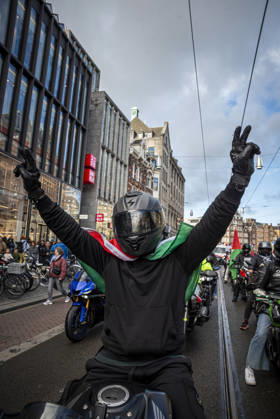 October 11, 2026, Amsterdam, North Holland, The Netherlands - Holland: 11 October 2026, Amsterdam, the Netherlands: The group Bikers for Palestine departs from Dam Square. Protesters gathered at Dam Square for speeches and anti-war music before marching through AmsterdamÃ¢â‚¬â ¢s city centre in a demonstration dubbed Ã¢â‚¬oeThree Years of GenocideÃ¢â‚¬Â. The event marked three years since the start of the IsraelÃ¢â‚¬Hamas war. Demonstrators carried Palestinian flags and banners, demanding the Dutch government act against what they describe as a genocide in Gaza. Amsterdam The Netherlands - Holland - ZUMAp202 20261011_zip_p202_025 Copyright: xJamesxPetermeierx