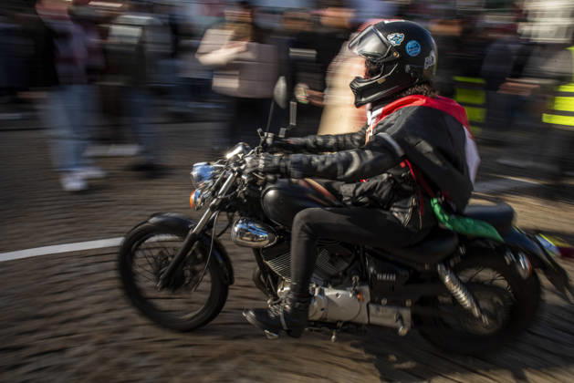 October 11, 2026, Amsterdam, North Holland, The Netherlands - Holland: 11 October 2026, Amsterdam, the Netherlands: The group Bikers for Palestine departs from Dam Square. Protesters gathered at Dam Square for speeches and anti-war music before marching through AmsterdamÃ¢â‚¬â ¢s city centre in a demonstration dubbed Ã¢â‚¬oeThree Years of GenocideÃ¢â‚¬Â. The event marked three years since the start of the IsraelÃ¢â‚¬Hamas war. Demonstrators carried Palestinian flags and banners, demanding the Dutch government act against what they describe as a genocide in Gaza. Amsterdam The Netherlands - Holland - ZUMAp202 20261011_zip_p202_030 Copyright: xJamesxPetermeierx