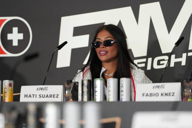 Fame Fighting 2026 Press Conference: Hati Suarez at the press conference for the fourth edition of Fame Fighting Celebrity Boxing on October 11, 2026, at the Atlantic Hotel in Essen, North Rhine-Westphalia