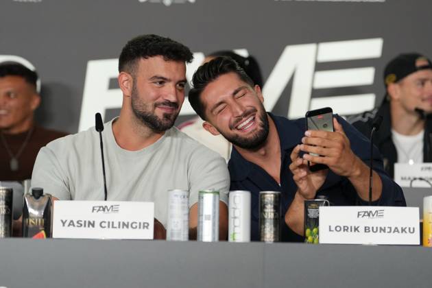 Fame Fighting 2026 Press Conference: Yasin Cilingir and Lorik Bunjaku at the press conference for the fourth edition of Fame Fighting Celebrity Boxing on October 11, 2026, at the Atlantic Hotel in Essen, North Rhine-Westphalia