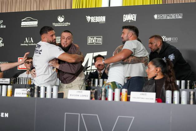 Fame Fighting 2026 Press Conference: Eugen Lopez, Yasin Cilingir, and Aleks Petrovic at the press conference for the fourth edition of Fame Fighting Celebrity Boxing on October 11, 2026, at the Atlantic Hotel in Essen, North Rhine-Westphalia