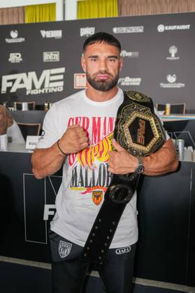 Fame Fighting 2026 Press Conference: Aleks Petrovic at the press conference for the fourth edition of Fame Fighting Celebrity Boxing on October 11, 2026, at the Atlantic Hotel in Essen, North Rhine-Westphalia
