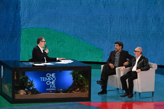 IPA89573935 - Milan, TV Show Che Tempo Che Fa - Nove. Pictured: Fabio Fazio, Pierfrancesco Favino, Silvio Orlando  Copyright: xTe-Cox xComi Terenghix IPA89573935