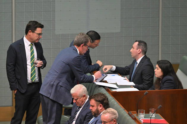 QUESTION TIME, Shadow Minister for Tourism David Littleproud, Shadow Minister for Energy Dan Tehan and Shadow Minister for Science Aaron Violi confer with advisers during Question Time in the House of Representatives at Parliament House in Canberra, Monday, October 12, 2026. ( NO ARCHIVING CANBERRA AUSTRALIAN CAPITAL TERRITORY Australia  Copyright: xMICKxTSIKASx 20261012170295175752
