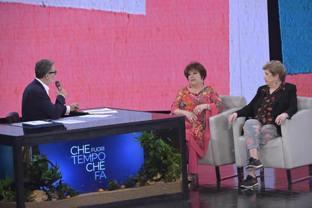 Photo by Mario Romano, IPP Milan, October 11, 2026. From the TV show *Che Tempo Che Fa*: pictured are Fabio Fazio, Orietta Berti, and Mara Maionchi. Italy Photo Press World. Copyright *Che Tempo Che Fa*