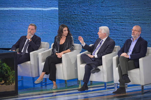 Photo by Mario Romano, IPP Milan, October 11, 2026. From the television show *Che Tempo Che Fa*. Pictured: Massimo Giannini, Cecilia Sala, Ferruccio De Bortoli, and Nello Scavo. Italy Photo Press World. Copyright *Che Tempo Che Fa*