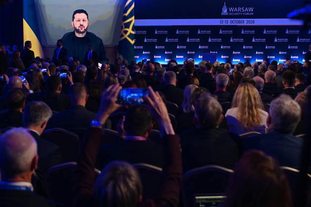Warsaw Security Forum 2026 kicks off in Poland WARSAW, POLAND - OCTOBER 12: Ukrainian President Volodymyr Zelenskyy addresses attendees remotely during the opening conversation session on the first day of the Warsaw Security Forum 2026 (WSF2026) in Warsaw, Poland, on October 12, 2026. The annual security summit focuses on strategies for European defense cooperation and continued resistance to the Russian invasion of Ukraine. Artur Widak Anadolu Warsaw Poland. Editorial use only. Please get in touch for any other usage.  Copyright: x2026xAnadoluxArturxWidakx