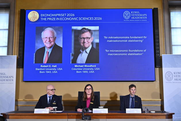 Robert E. Hall and Michael Woodford are announced as the laureates of the Sveriges Riksbank Prize in Economic Sciences in Memory of Alfred Nobel at the Royal Swedish Academy of Sciences in Stockholm, Sweden, on October 12, 2026 STOCKHOLM SWEDEN x10040x Copyright: xAndersxWiklund TTx NOBEL PRIZE IN ECONOMICS 2026 YHeYY9u5JIs