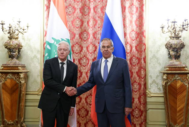 RUSSIA, MOSCOW - OCTOBER 12, 2026: Youssef Rajji (L), Lebanon s Minister of Foreign Affairs and Emigrants, and Sergei Lavrov, Russia s Foreign Minister, shake hands during a meeting at the Reception House of the Foreign Ministry Moscow Russia - ZUMAt113 20261012_zaa_t113_035 Copyright: xArtyomxGeodakyanx
