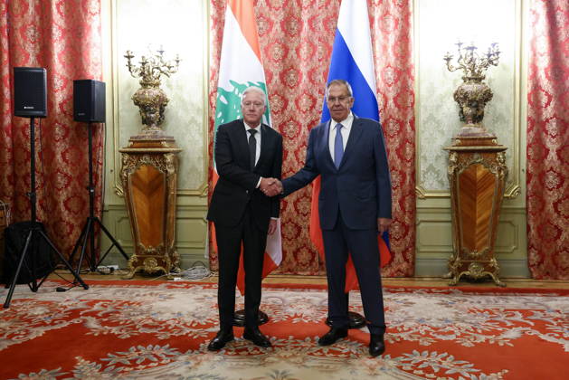 RUSSIA, MOSCOW - OCTOBER 12, 2026: Youssef Rajji (L), Lebanon s Minister of Foreign Affairs and Emigrants, and Sergei Lavrov, Russia s Foreign Minister, shake hands during a meeting at the Reception House of the Foreign Ministry Moscow Russia - ZUMAt113 20261012_zaa_t113_036 Copyright: xArtyomxGeodakyanx