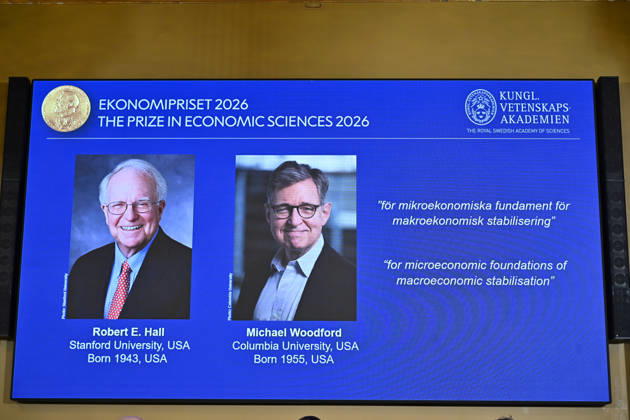 Robert E. Hall and Michael Woodford are announced as the laureates of the Sveriges Riksbank Prize in Economic Sciences in Memory of Alfred Nobel at the Royal Swedish Academy of Sciences in Stockholm, Sweden, on October 12, 2026 STOCKHOLM SWEDEN x10040x  Copyright: xAndersxWiklund TTx NOBEL PRIZE IN ECONOMICS 2026 OBQkAhBebrM