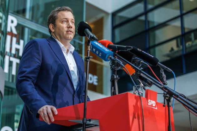 Press statement with SPD Party Chairman Lars Klingbeil Press statement with SPD Party Chairman Lars Klingbeil on October 12, 2026, in Berlin, Berlin, Berlin, Germany, at the SPD Party Headquarters, Willy Brandt House