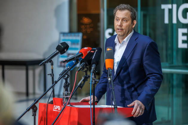 Press statement with SPD Party Chairman Lars Klingbeil Press statement with SPD Party Chairman Lars Klingbeil on October 12, 2026, in Berlin, Berlin, Berlin, Germany, at the SPD Party Headquarters, Willy Brandt House
