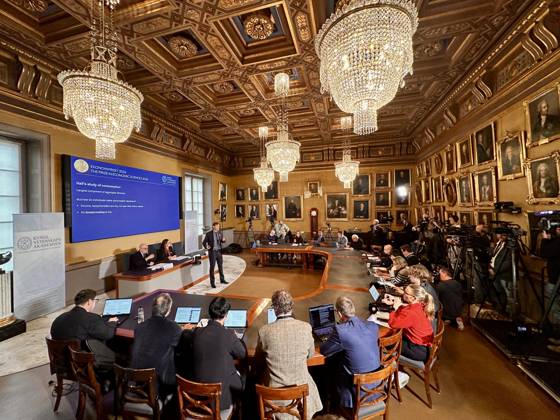 US economists Hall and Woodford win 2026 Nobel Prize for Economics STOCKHOLM, SWEDEN - OCTOBER 12: Officials announce the winners of the 2026 Nobel Prize in Economic Sciences during a press conference at the Royal Swedish Academy of Sciences in Stockholm, Sweden, on October 12, 2026. US economists Robert E. Hall and Michael Woodford are awarded the prize for their work on the microeconomic foundations of macroeconomic stabilisation . Atila Altuntas Anadolu Stockholm Sweden. Editorial use only. Please get in touch for any other usage. Copyright: x2026xAnadoluxAtilaxAltuntasx