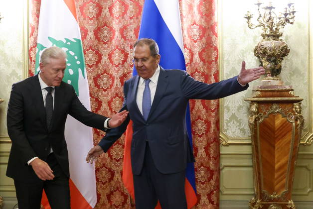 RUSSIA, MOSCOW - OCTOBER 12, 2026: Youssef Rajji (L), Lebanon s Minister of Foreign Affairs and Emigrants, and Sergei Lavrov, Russia s Foreign Minister, arrive for a meeting at the Reception House of the Foreign Ministry. Artyom Geodakyan TASS 99173818
