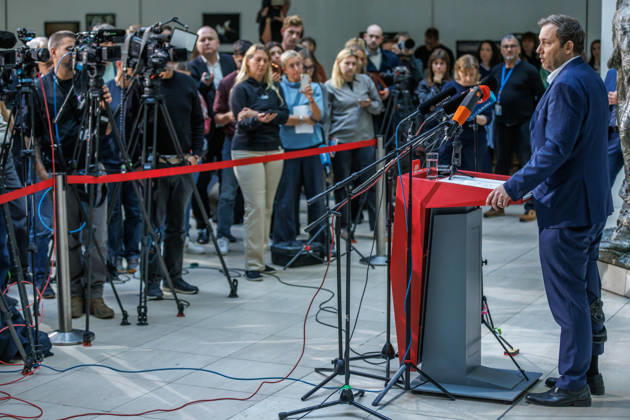 Press statement with SPD Party Chairman Lars Klingbeil Press statement with SPD Party Chairman Lars Klingbeil on October 12, 2026, in Berlin, Berlin, Berlin, Germany, at the SPD Party Headquarters, Willy Brandt House
