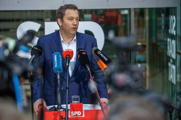 Press statement with SPD Party Chairman Lars Klingbeil Press statement with SPD Party Chairman Lars Klingbeil on October 12, 2026, in Berlin, Berlin, Berlin, Germany, at the SPD Party Headquarters, Willy Brandt House