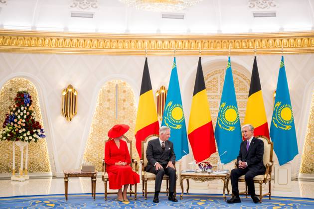 Queen Mathilde of Belgium; King Philippe - Filip of Belgium and Kazakhstan s President Kassym-Jomart Tokayev pictured at the official bilateral meeting at the Ak Orda Presidential Palace during an official state visit of the Belgian King and Queen to Kazakhstan, on Monday 12 October 2026. The first State Visit of Belgium s royal couple in central Asia from 11 to 14 October 2026, aims to highlight bilateral cooperation in the economic, academic, and cultural fields.  JASPERxJACOBS 189551746