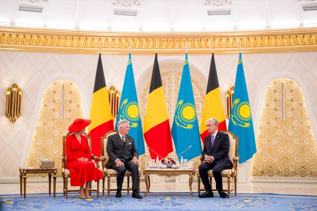 Queen Mathilde of Belgium; King Philippe - Filip of Belgium and Kazakhstan s President Kassym-Jomart Tokayev pictured at the official bilateral meeting at the Ak Orda Presidential Palace during an official state visit of the Belgian King and Queen to Kazakhstan, on Monday 12 October 2026. The first State Visit of Belgium s royal couple in central Asia from 11 to 14 October 2026, aims to highlight bilateral cooperation in the economic, academic, and cultural fields.  JASPERxJACOBS 189551749