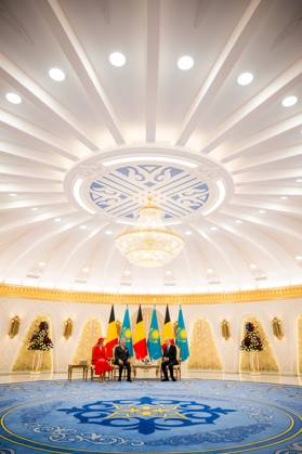 Queen Mathilde of Belgium; King Philippe - Filip of Belgium and Kazakhstan s President Kassym-Jomart Tokayev pictured at the official bilateral meeting at the Ak Orda Presidential Palace during an official state visit of the Belgian King and Queen to Kazakhstan, on Monday 12 October 2026. The first State Visit of Belgium s royal couple in central Asia from 11 to 14 October 2026, aims to highlight bilateral cooperation in the economic, academic, and cultural fields.  JASPERxJACOBS 189551729
