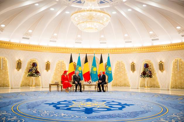 Queen Mathilde of Belgium; King Philippe - Filip of Belgium and Kazakhstan s President Kassym-Jomart Tokayev pictured at the official bilateral meeting at the Ak Orda Presidential Palace during an official state visit of the Belgian King and Queen to Kazakhstan, on Monday 12 October 2026. The first State Visit of Belgium s royal couple in central Asia from 11 to 14 October 2026, aims to highlight bilateral cooperation in the economic, academic, and cultural fields.  JASPERxJACOBS 189551730