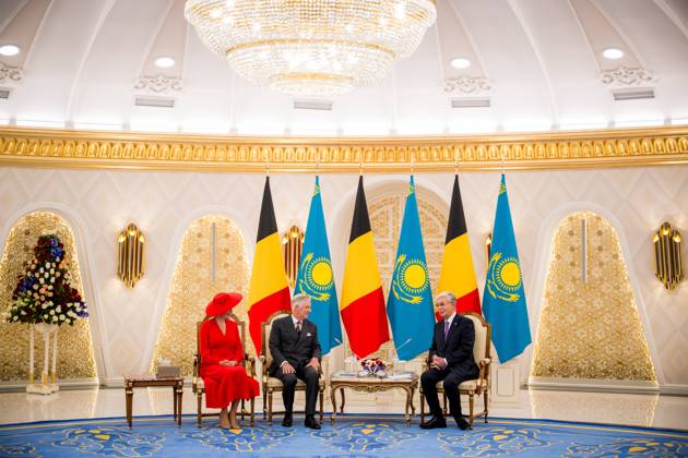 Queen Mathilde of Belgium; King Philippe - Filip of Belgium and Kazakhstan s President Kassym-Jomart Tokayev pictured at the official bilateral meeting at the Ak Orda Presidential Palace during an official state visit of the Belgian King and Queen to Kazakhstan, on Monday 12 October 2026. The first State Visit of Belgium s royal couple in central Asia from 11 to 14 October 2026, aims to highlight bilateral cooperation in the economic, academic, and cultural fields.  JASPERxJACOBS 189551721