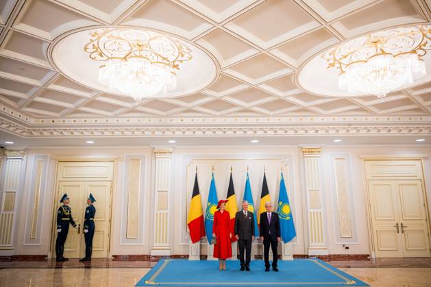 Queen Mathilde of Belgium; King Philippe - Filip of Belgium and Kazakhstan s President Kassym-Jomart Tokayev pictured at the official bilateral meeting at the Ak Orda Presidential Palace during an official state visit of the Belgian King and Queen to Kazakhstan, on Monday 12 October 2026. The first State Visit of Belgium s royal couple in central Asia from 11 to 14 October 2026, aims to highlight bilateral cooperation in the economic, academic, and cultural fields.  JASPERxJACOBS 189551723