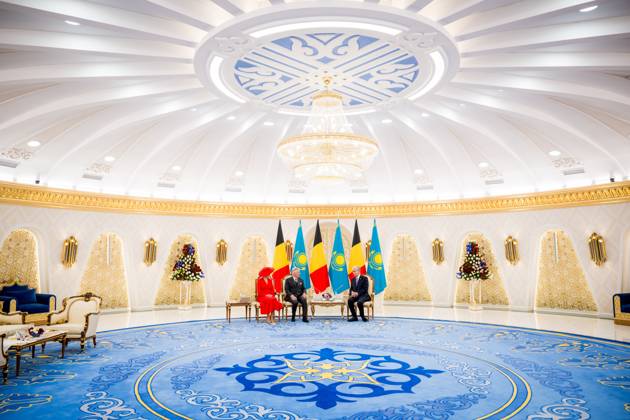 Queen Mathilde of Belgium; King Philippe - Filip of Belgium and Kazakhstan s President Kassym-Jomart Tokayev pictured at the official bilateral meeting at the Ak Orda Presidential Palace during an official state visit of the Belgian King and Queen to Kazakhstan, on Monday 12 October 2026. The first State Visit of Belgium s royal couple in central Asia from 11 to 14 October 2026, aims to highlight bilateral cooperation in the economic, academic, and cultural fields.  JASPERxJACOBS 189551728