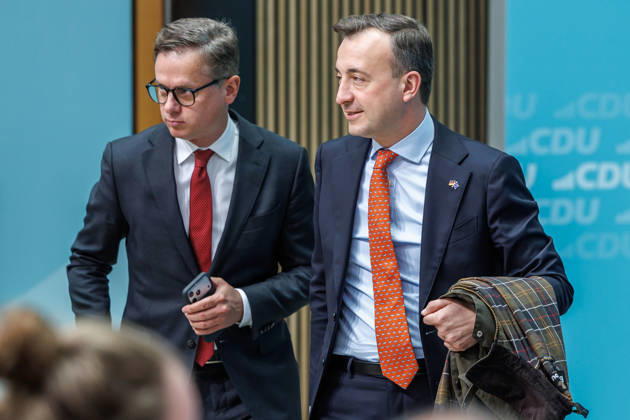 Press conference with the Chairman of the CDU of Germany, Federal Chancellor Friedrich Merz, and the Secretary General of the CDU of Germany, Franziska Hoppermann Carsten Linnemann, Federal Minister of Health of the Federal Republic of Germany, and Paul Ziemiak on October 12, 2026, at the Konrad Adenauer House in Berlin, Berlin, Berlin, Germany; CDU Federal Headqu