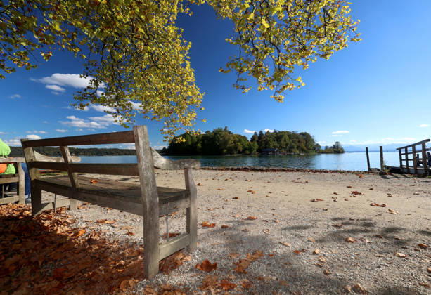 An autumn day in Feldafing, Feldafinger Park, Starnberg District. Here is a view of Lake Starnberg with Rose Island; in the foreground, a park bench, colorful trees, autumn foliage, deciduous trees, autumnal, play of colors, autumn leaves, autumn colors, leaf coloration, red, yellow, yellow foliage, natural spectacle, autumn scene, autumn impression, weather scene