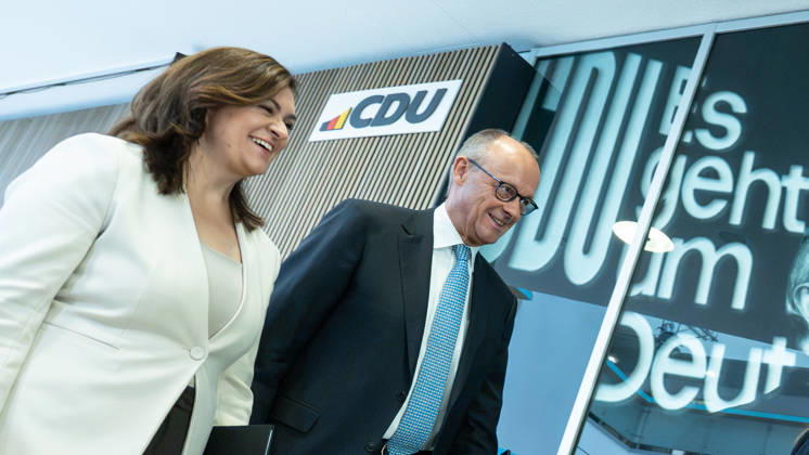 Chancellor Friedrich Merz at the closing press conference, with Franziska Hoppermann, Secretary General of the CDU Germany Executive Committee Retreat in Berlin, October 2026, Berlin, Berlin, Germany, Konrad Adenauer House