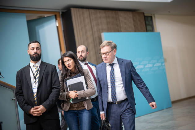 Foreign Minister Johann Wadephul at the Konrad Adenauer House, with Serap Güler, Minister of State at the Federal Ministry of Foreign Affairs, during the CDU Germany Executive Committee Retreat in Berlin, October 2026, Berlin, Berlin, Germany, Konrad Adenauer House
