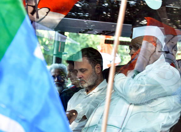 INDIA Bloc leaders protest over the SIR row New Delhi, Oct 12 (ANI): AICC President Mallikarjun Kharge with Lok Sabha LoP Rahul Gandhi inside a bus during the INDIA bloc-led protest march to the Supreme Court over the Special Intensive Revision (SIR) row, in New Delhi on Monday. NEW DELHI Delhi India Copyright: xANIx ANI_20261012330