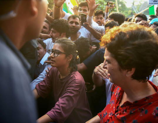 INDIA bloc leaders call for a march towards the Supreme Court New Delhi, Oct 12 (ANI): Congress MP Priyanka Gandhi Vadra with AISA National President Neha Bora during INDIA bloc s protest march towards the Supreme Court against Chief Election Commissioner Gyanesh Kumar, in New Delhi on Monday. New Delhi Delhi India Copyright: xANIx ANI_20261012421
