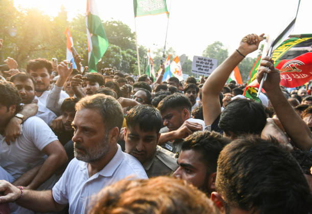 INDIA bloc leaders call for a march towards the Supreme Court New Delhi, Oct 12 (ANI): Lok Sabha LoP Rahul Gandhi during INDIA bloc s protest march towards the Supreme Court against Chief Election Commissioner Gyanesh Kumar, in New Delhi on Monday. New Delhi Delhi India Copyright: xANIx ANI_20261012423