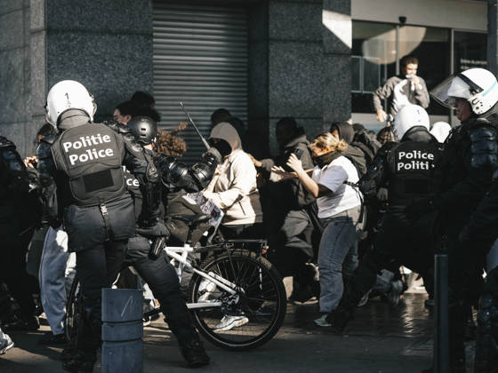 Brussels Belgium Protest Riot police officers confront demonstrators during clashes in Brussels, Belgium on October 12, 2026. Protesters and trade union members stage demonstrations and clash with police during a nationwide public-sector strike against government austerity measures, budget cuts, and reform plans in Brussels, Belgium. Brussels Brussels Capital Belgium Copyright: xSanadxLatifax