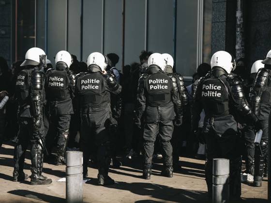 Brussels Belgium Protest Riot police officers confront demonstrators during clashes in Brussels, Belgium on October 12, 2026. Protesters and trade union members stage demonstrations and clash with police during a nationwide public-sector strike against government austerity measures, budget cuts, and reform plans in Brussels, Belgium. Brussels Brussels Capital Belgium Copyright: xSanadxLatifax