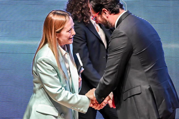 October 12, 2026, Milan, Mi, Italy: Prime Minister Giorgia Meloni and Alvise Biffi, President of Assolombarda, at the 2026 Assolombarda General Assembly, Milan, 12 10 2026 Milan Italy  - ZUMAa289 20261012_zia_a289_139 Copyright: xAgf NicolaxMarfisix