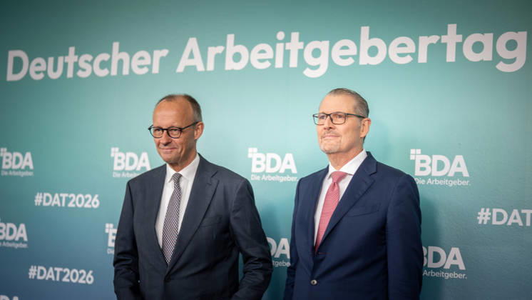 Chancellor Friedrich Merz is welcomed by Rainer Dulger, President of the Confederation of German Employers Associations (BDA), at the start of the 2026 German Employers Day, hosted by the Confederation of German Employers Associations (BDA), Berlin, Germany, at the Berlin Congress Center (bcc)