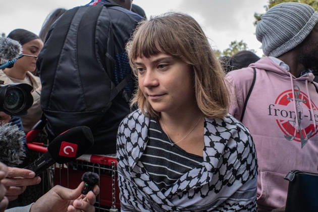 October 13, 2026: Paul-o°luard High School in Saint-Denis is at the center of the news as part of the fifth round of national student protests...The renowned Swedish environmental activist Greta Thunberg visited Paul-o°luard High School in Saint-Denis this morning to offer her direct support to the protesting students. She denounced police violence against the young demonstrators. - ZUMAs287 20261013_zip_s287_010 Copyright: xSadakxSouicix