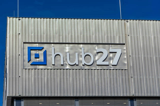 Berlin, October 13, 2026 The hub27 lettering on the expanded metal-clad facade of the multifunctional exhibition hall of the same name a