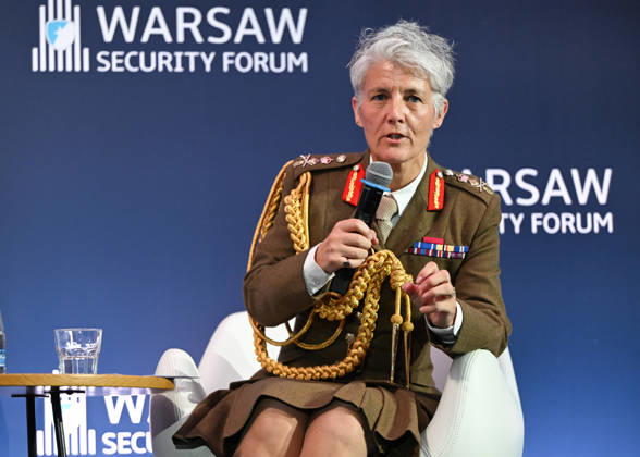 Warsaw Security Forum 2026 WARSAW, POLAND - OCTOBER 13: Vice Chief of the Defence Staff of the United Kingdom, General Dame Sharon Nesmith, addresses delegates during the Day 2 panel discussion, titled The More, the Better - How to Transform Armed Forces to Meet Peer Competitors? at the Warsaw Security Forum 2026 (WSF 2026) in Warsaw, Poland, on October 13, 2026. Nesmith discussed the transformation of British Armed Forces, technological integration, and bolstering industrial defense capacity within the NATO alliance. Artur Widak Anadolu Warsaw Poland. Editorial use only. Please get in touch for any other usage. Copyright: x2026xAnadoluxArturxWidakx
