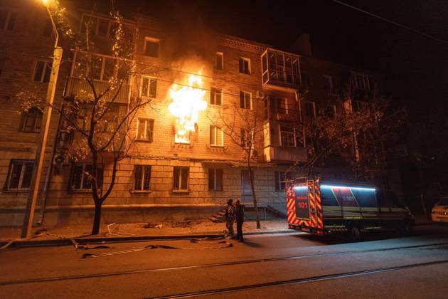 October 12, 2026, Kharkiv, Ukraine: KHARKIV, UKRAINE, OCTOBER 12, 2026: A Russian strike destroyed a section of a four-story residential building in the Kholodnohirskyi District of Kharkiv, Ukraine, on the evening of October 12. Authorities said Russian forces used Banderol-type missiles in the attack. Rescuers recovered the bodies of three people, and search operations continued. Kharkiv Ukraine - ZUMAq101 20261012_zna_q101_204 Copyright: xAndrewxClingx