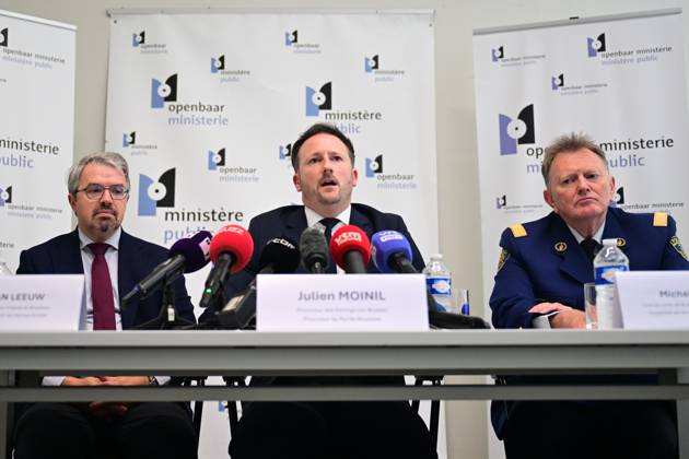 Belgian federal prosecutor Frederic Van Leeuw ; Brussels King s Prosecutor Julien Moinil and Chief of Police for the Brussels-Capital Ixelles Police District Michel Goovaerts pictured during a press conference of the Brussels Public Prosecutor regarding two incidents, on Tuesday 13 October 2026, in Brussels. A police officer with the Anti-Assault Brigade died last night in Jette during a response to a call and one person died in a shooting in Ixelles.  DIRKxWAEM 189656385