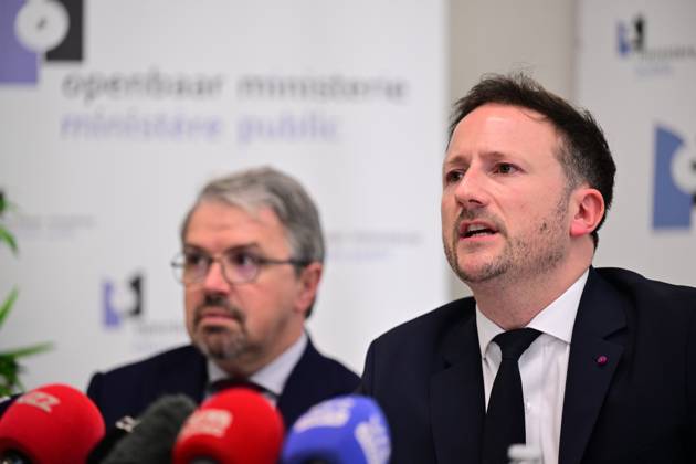 Brussels King s Prosecutor Julien Moinil pictured during a press conference of the Brussels Public Prosecutor regarding two incidents, on Tuesday 13 October 2026, in Brussels. A police officer with the Anti-Assault Brigade died last night in Jette during a response to a call and one person died in a shooting in Ixelles.  DIRKxWAEM 189657612