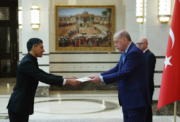 Turkish President Recep Tayyip Erdogan ANKARA, TURKIYE - OCTOBER 13: (----EDITORIAL USE ONLY - MANDATORY CREDIT - TURKISH PRESIDENCY MURAT KULA HANDOUT - NO MARKETING NO ADVERTISING CAMPAIGNS - DISTRIBUTED AS A SERVICE TO CLIENTS----) Indian Ambassador to Turkiye, Rudra Gaurav Shresth (L) presents his letters of credence to Turkish President Recep Tayyip Erdogan (R), as Erdogan receives the ambassadors of India, Mali, Netherlands, El Salvador and Nigeria at the Presidential Complex, in Ankara, Turkiye on October 13, 2026. TUR Presidency Murat Kula Anadolu Ankara Turkey. Editorial use only. Please get in touch for any other usage.  Copyright: x2026xAnadoluxTURxPresidency MuratxKulax